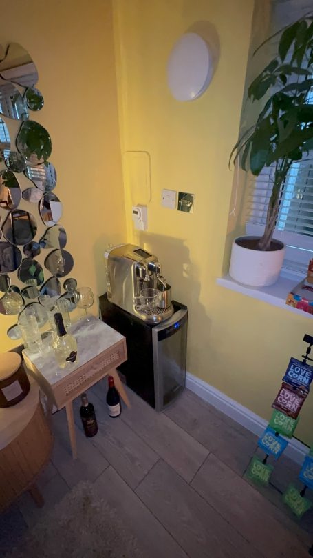 Corner of a room with a coffee machine, plant, and storage items against yellow walls.