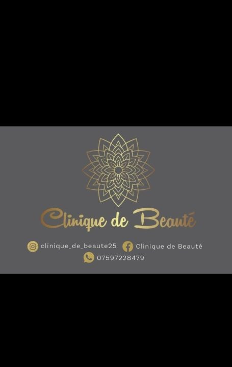 Logo for "Clinique de Beauté" with a decorative motif and contact information.