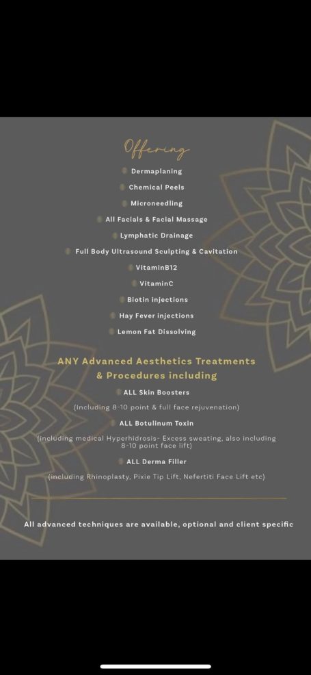 Text list of services offered, including therapeutic options and holistic practices.