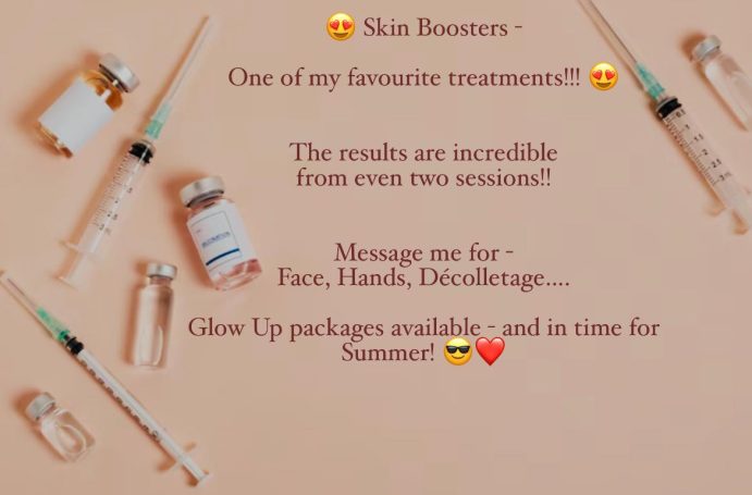Skin boosters promotional content with syringes and treatment details.