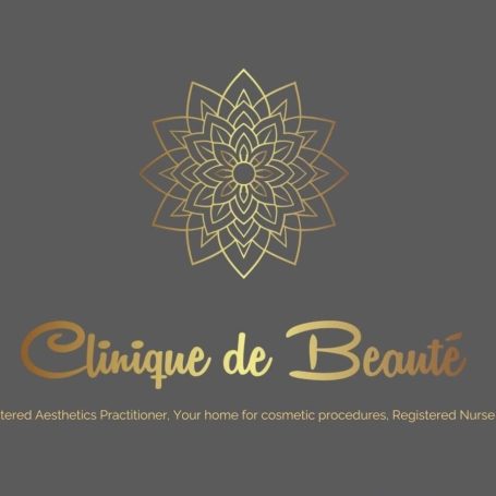 Gold floral mandala logo with the text "Clinique de Beauté" on a grey background.
