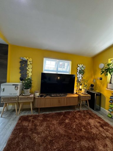 Bright living room with yellow walls, large TV, plants, and a brown rug.