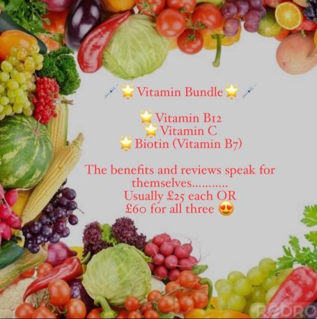 Colourful assortment of fruits and vegetables with text about vitamins and their benefits.