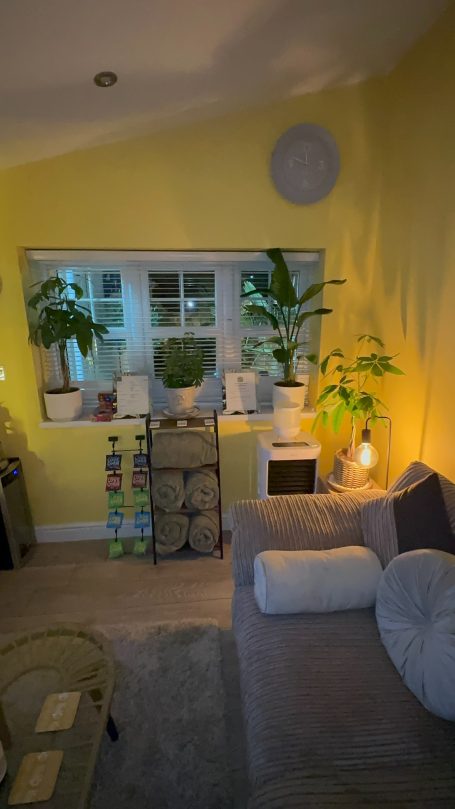 A bright, cheerful room with yellow walls, plants, and a cozy sofa.