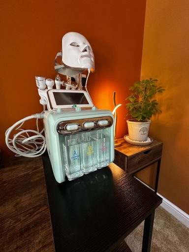 A skincare machine with a facial mask and potted plant against an orange wall.