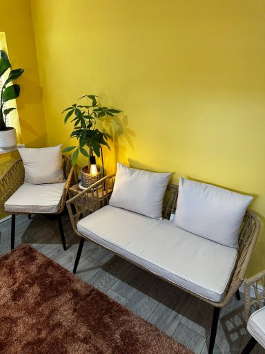 Two woven seating chairs with light cushions against a bright yellow wall.