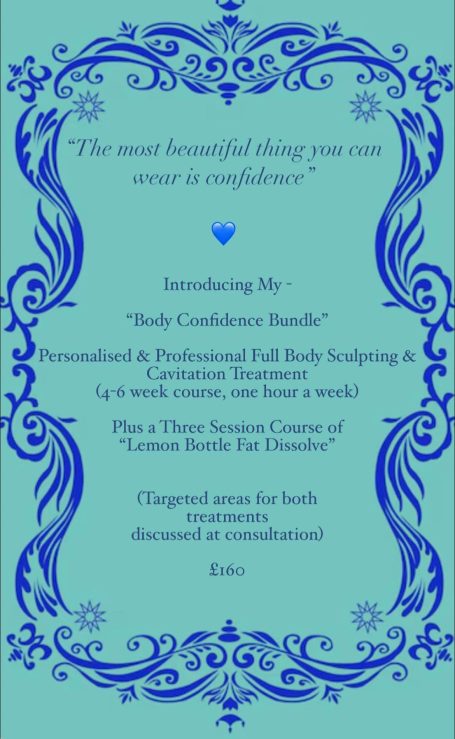 Elegant blue poster detailing body scripting and wellness services, featuring a quotation.