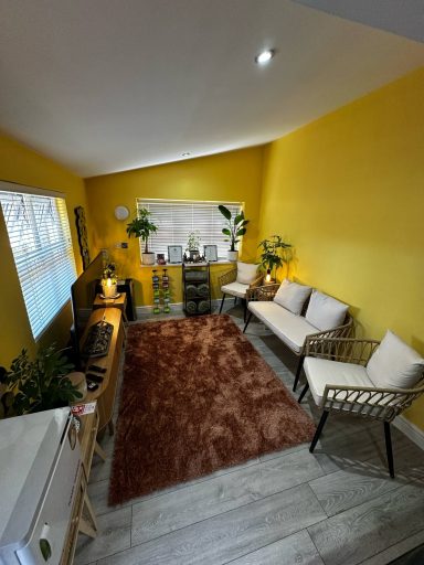 Bright yellow room with a brown rug, seating, plants, and a window with natural light.
